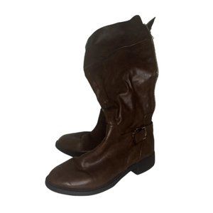 Women's Size 7 Knee Length Back Zip High Boots Chocolate Brown Biker Buckle